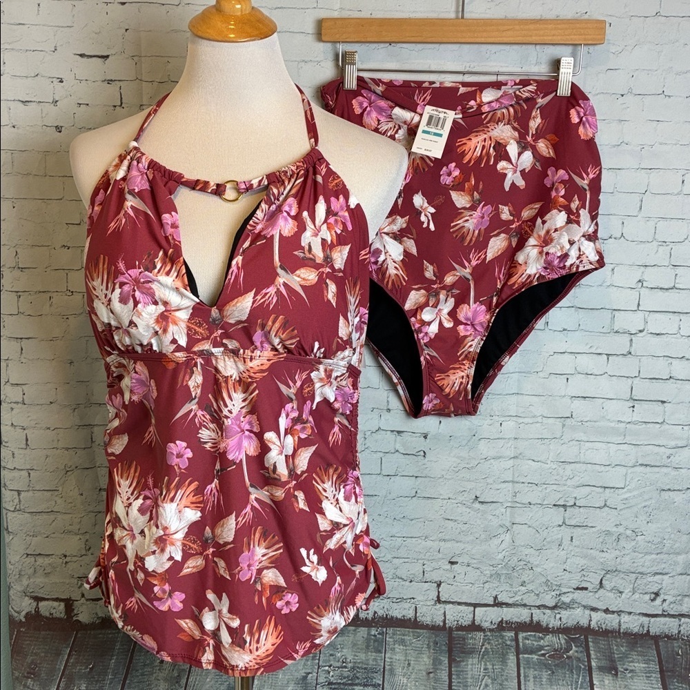 Athena NWT Kailua 2-Piece Hi Neck Tankini & High Waist Bikini Bottoms 16 Summer